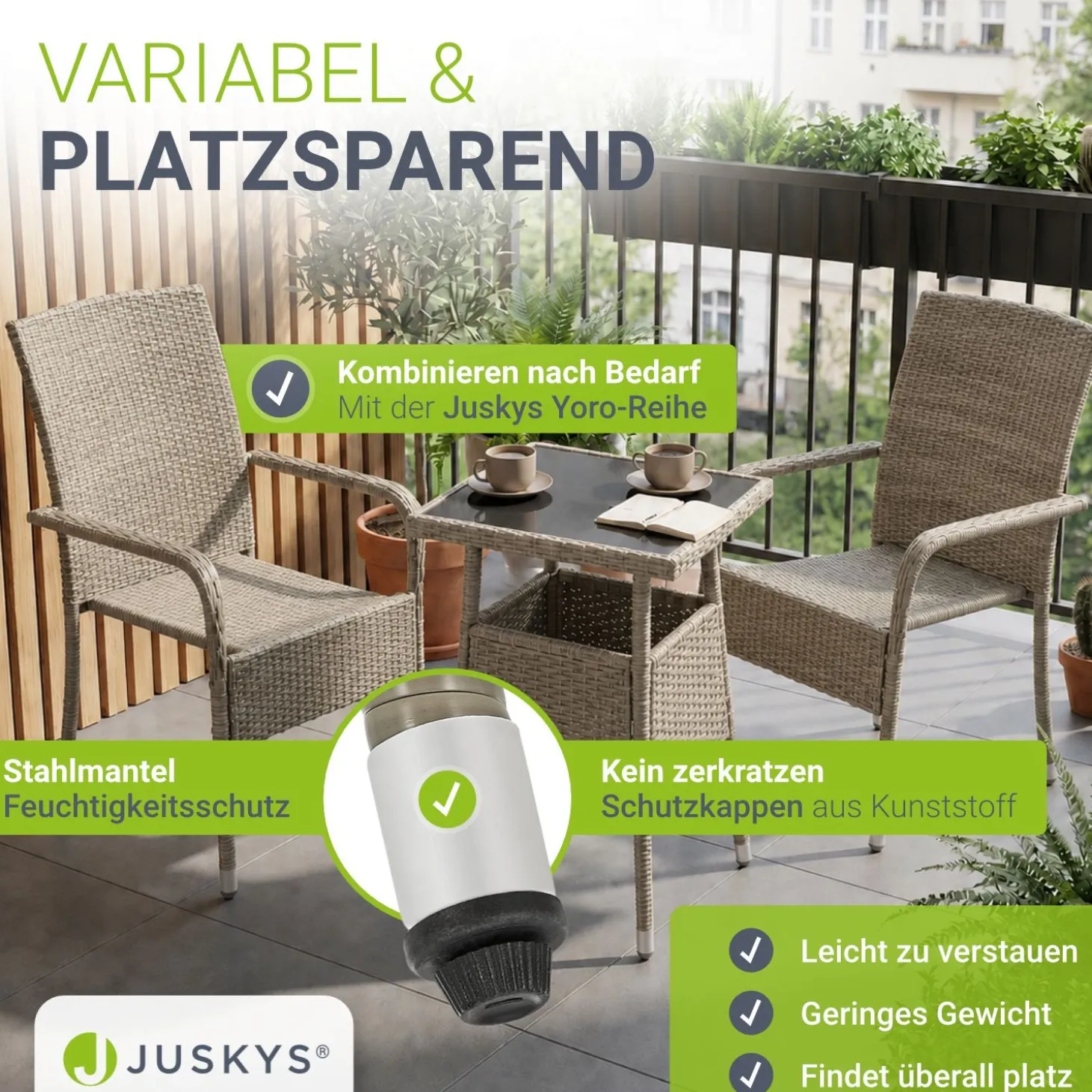 Eckiger Polyrattan Gartentisch Yoro Wetterfester Tisch mit Glasplatte