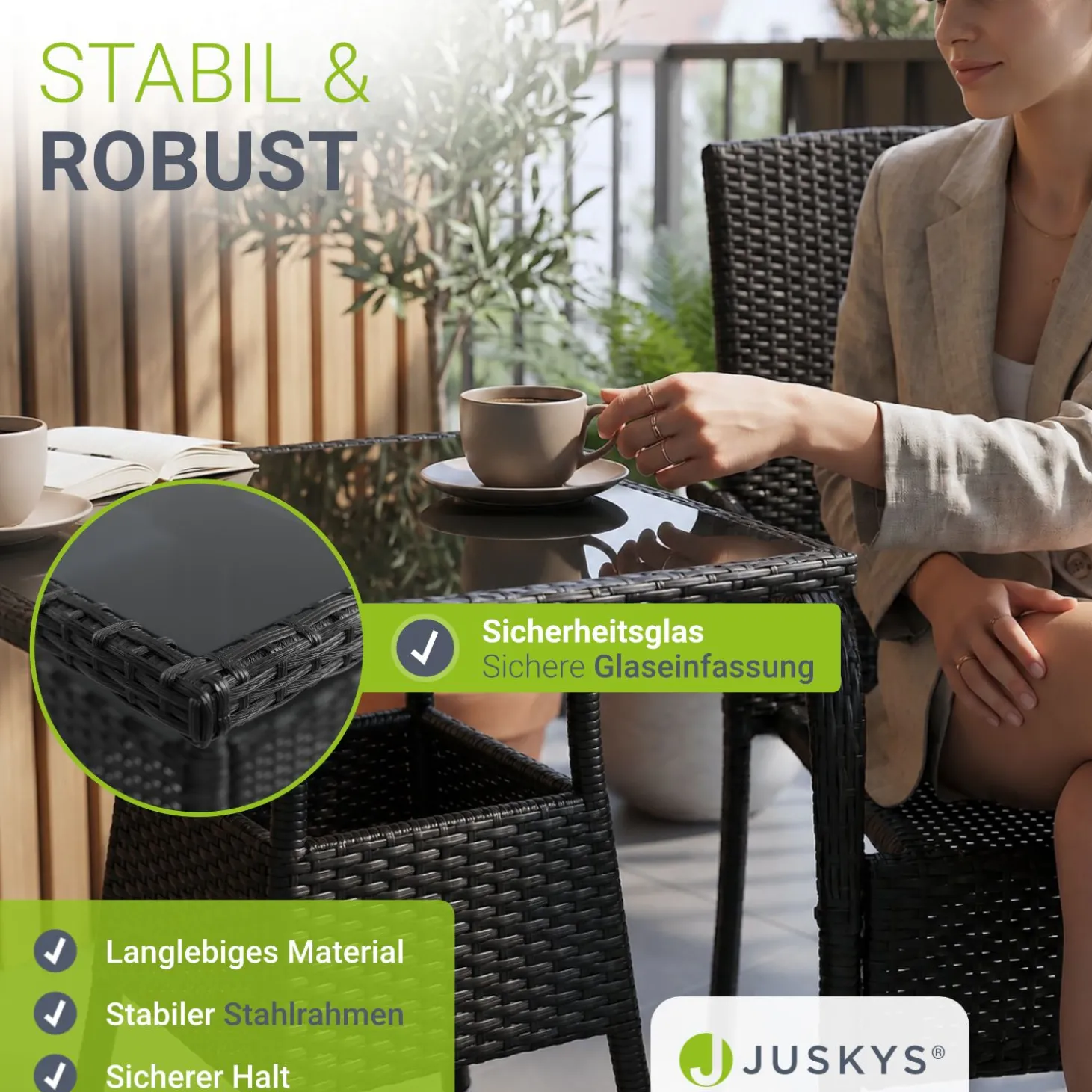 Eckiger Polyrattan Gartentisch Yoro Wetterfester Tisch mit Glasplatte