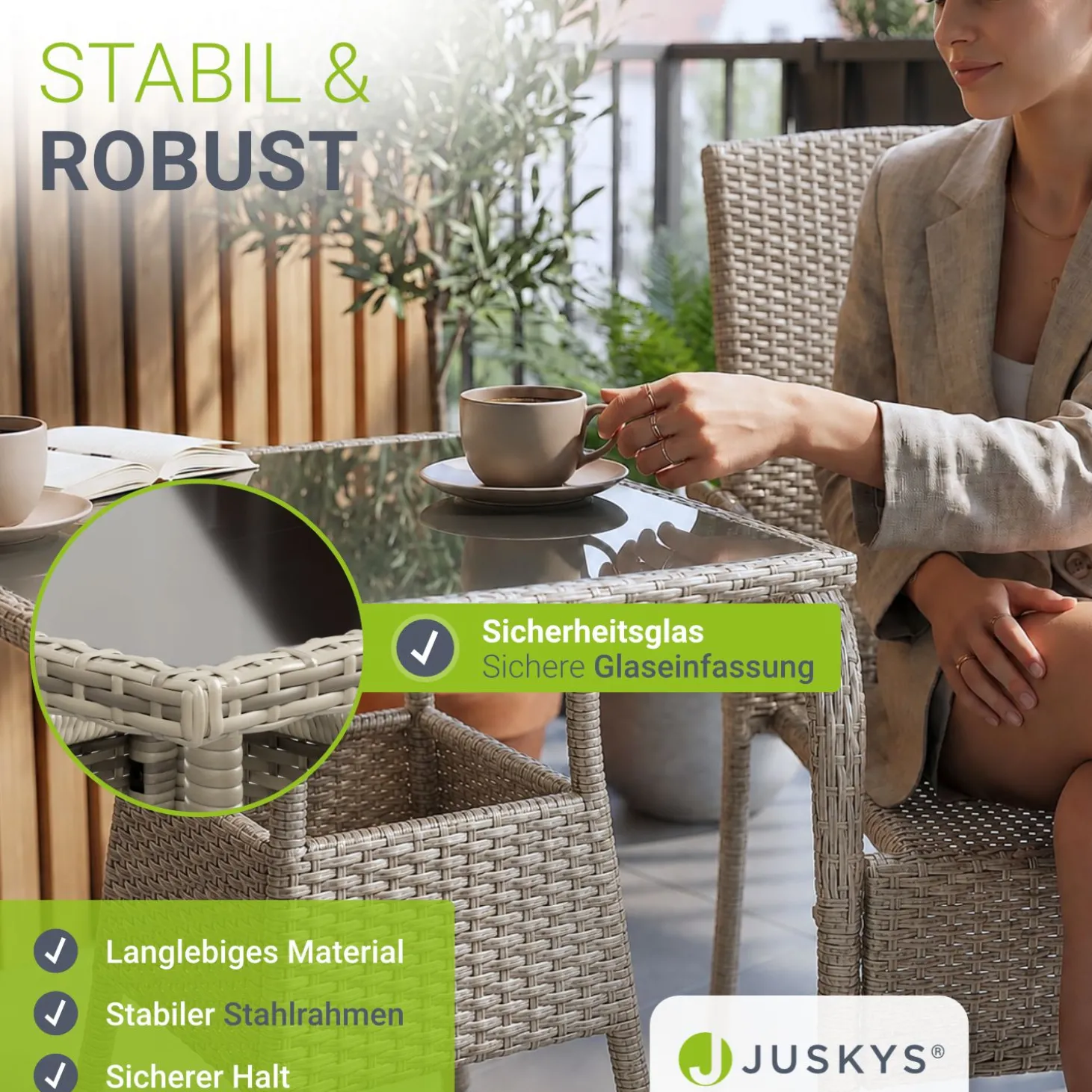 Eckiger Polyrattan Gartentisch Yoro Wetterfester Tisch mit Glasplatte