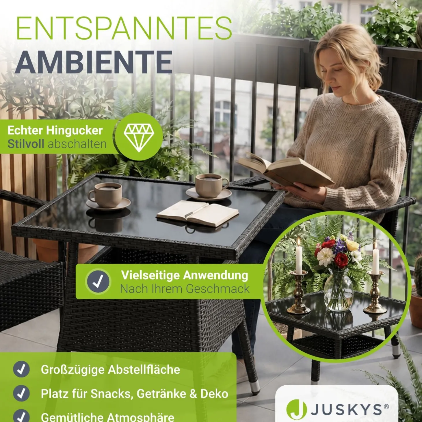 Eckiger Polyrattan Gartentisch Yoro Wetterfester Tisch mit Glasplatte