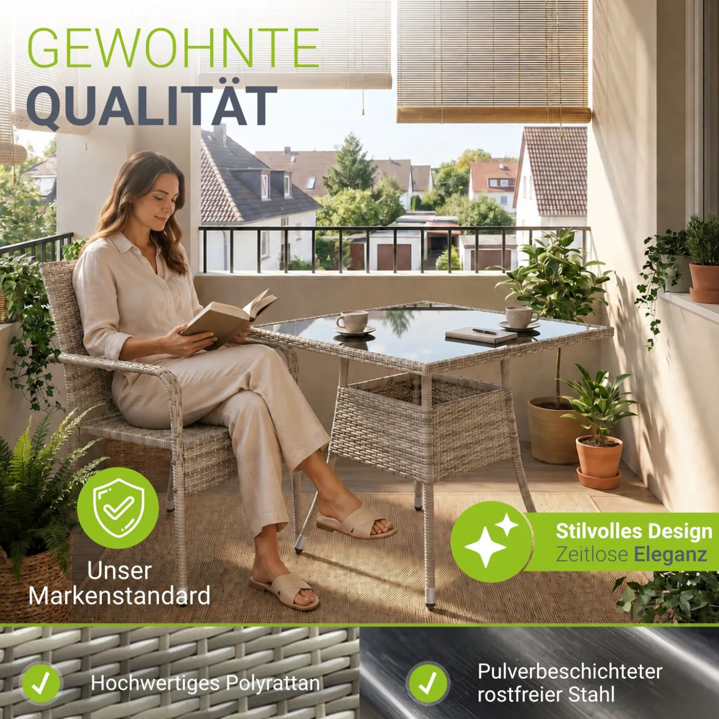 Eckiger Polyrattan Gartentisch Yoro Wetterfester Tisch mit Glasplatte