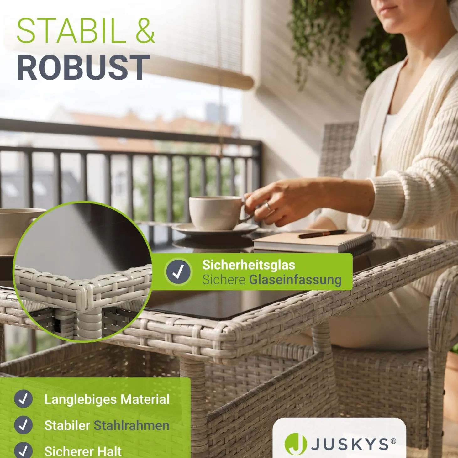 Eckiger Polyrattan Gartentisch Yoro Wetterfester Tisch mit Glasplatte