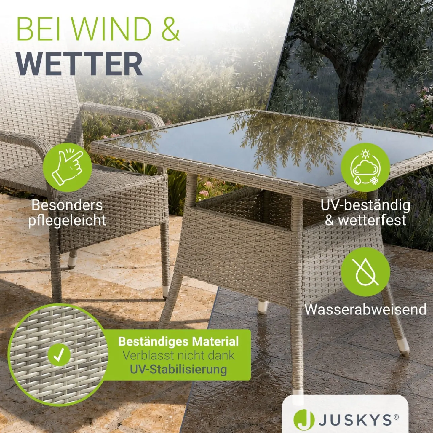 Eckiger Polyrattan Gartentisch Yoro Wetterfester Tisch mit Glasplatte