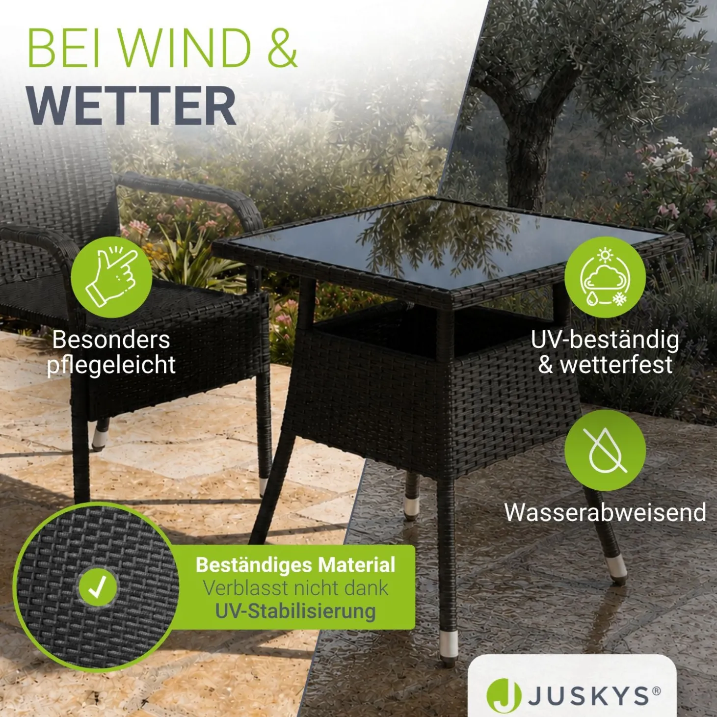 Eckiger Polyrattan Gartentisch Yoro Wetterfester Tisch mit Glasplatte