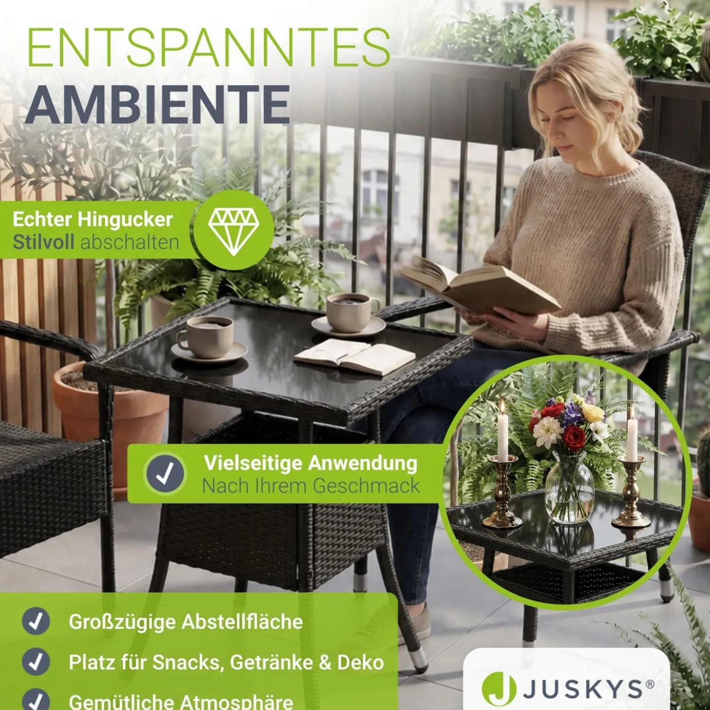 Eckiger Polyrattan Gartentisch Yoro Wetterfester Tisch mit Glasplatte