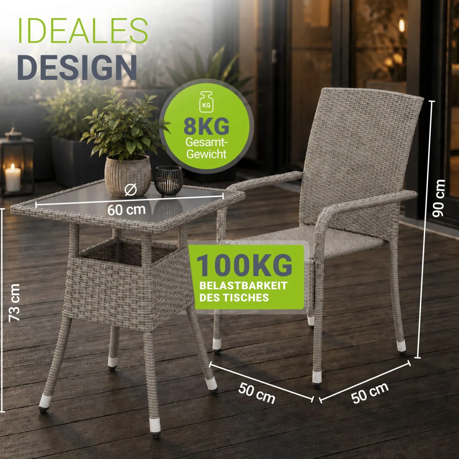 Eckiger Polyrattan Gartentisch Yoro Wetterfester Tisch mit Glasplatte