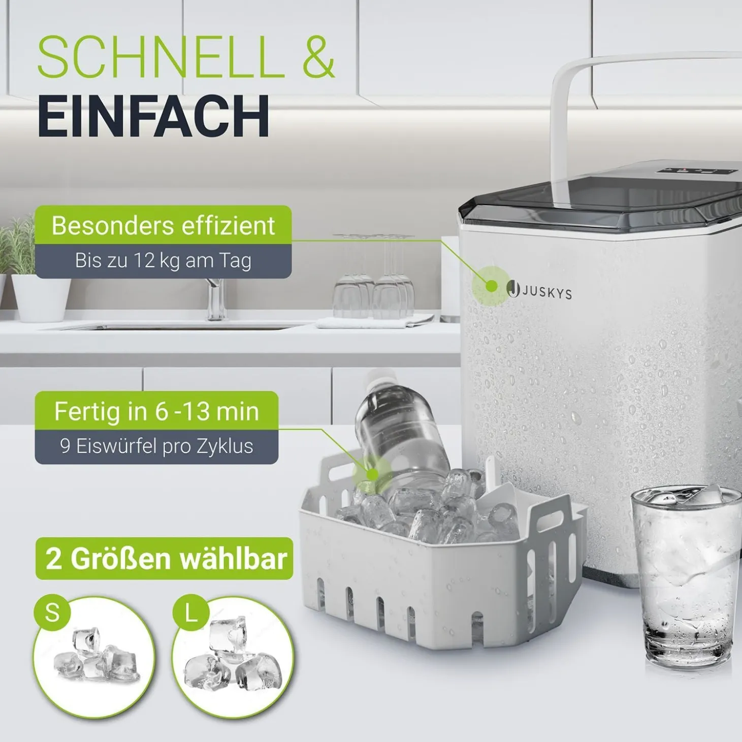 Eiswürfelmaschine mit Selbstreinigung IceOracle Erfrischende Eiswürfel in 2 Größen blitzschnell zubereitet