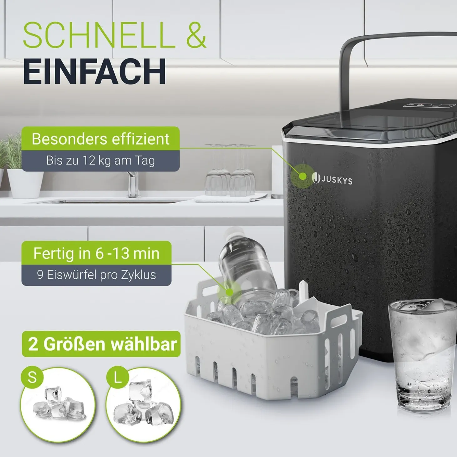 Eiswürfelmaschine mit Selbstreinigung IceOracle Erfrischende Eiswürfel in 2 Größen blitzschnell zubereitet