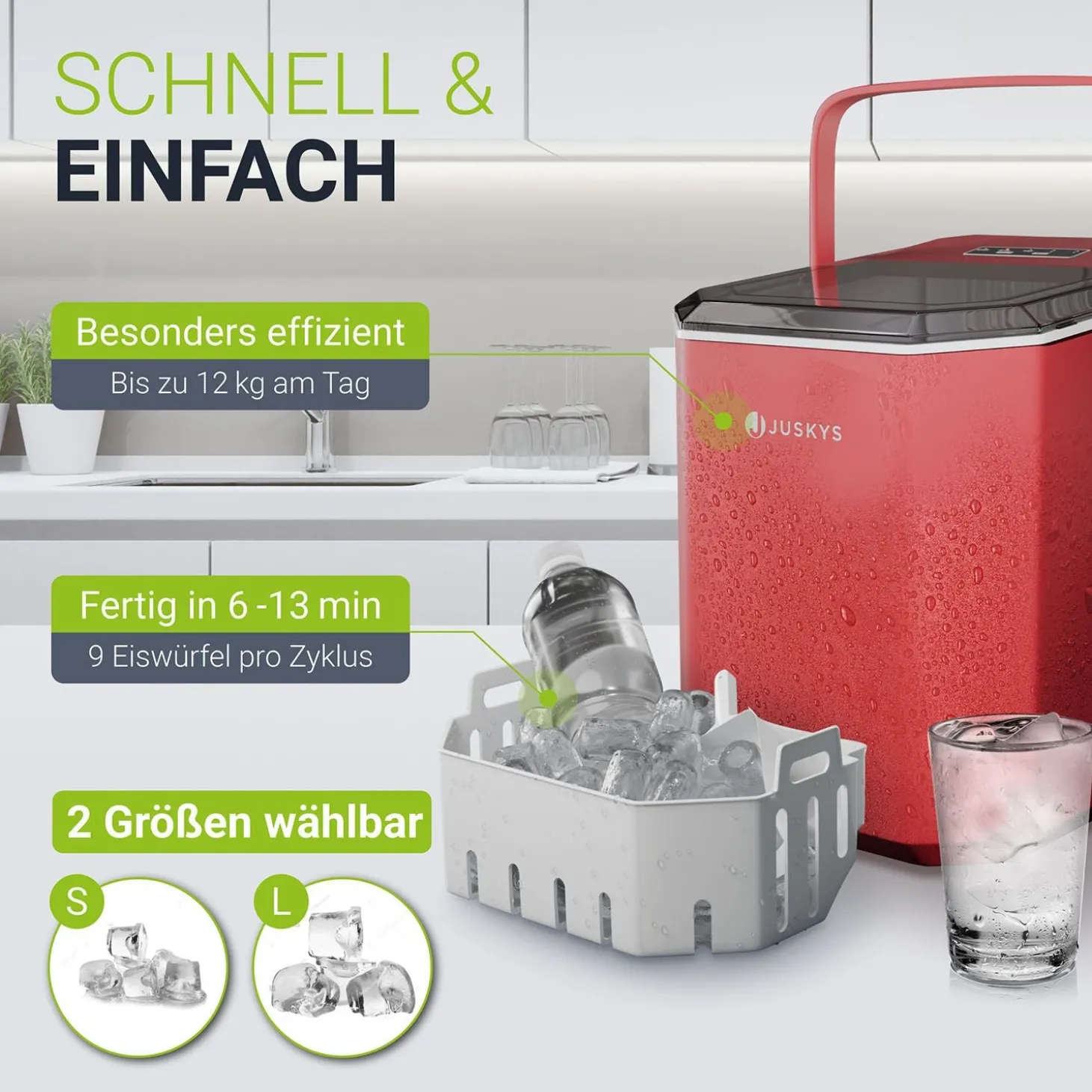 Eiswürfelmaschine mit Selbstreinigung IceOracle Erfrischende Eiswürfel in 2 Größen blitzschnell zubereitet