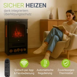 Elektrokaminofen 1800W mit Flammeneffekt Elektrokamin mit Wärmefunktion und App-Steuerung