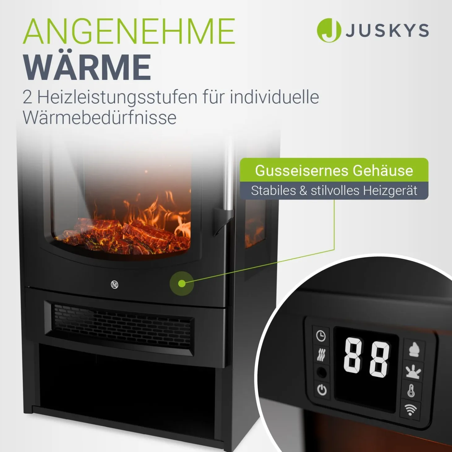 Elektrokaminofen 1800W mit Flammeneffekt Elektrokamin mit Wärmefunktion und App-Steuerung