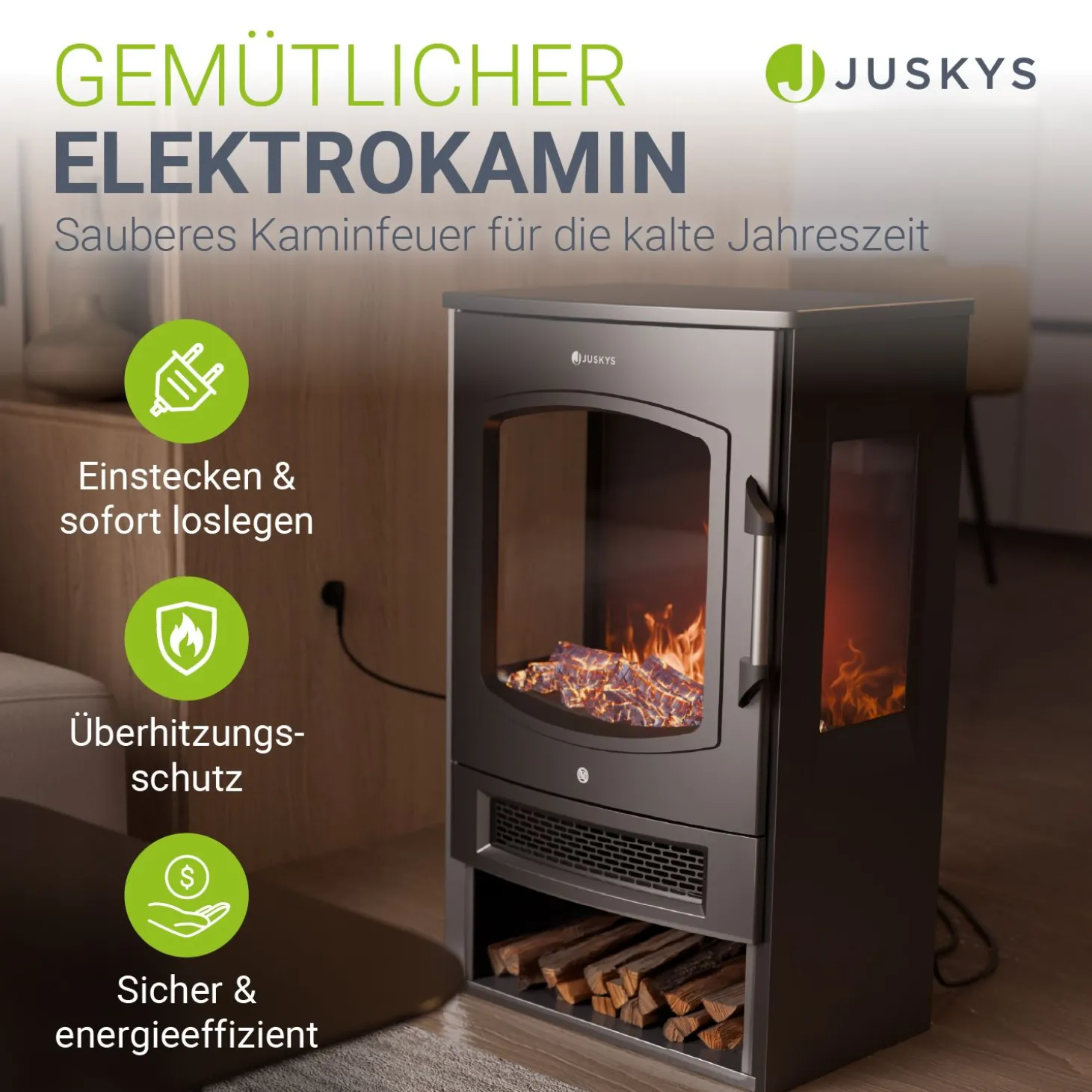 Elektrokaminofen 1800W mit Flammeneffekt Elektrokamin mit Wärmefunktion und App-Steuerung