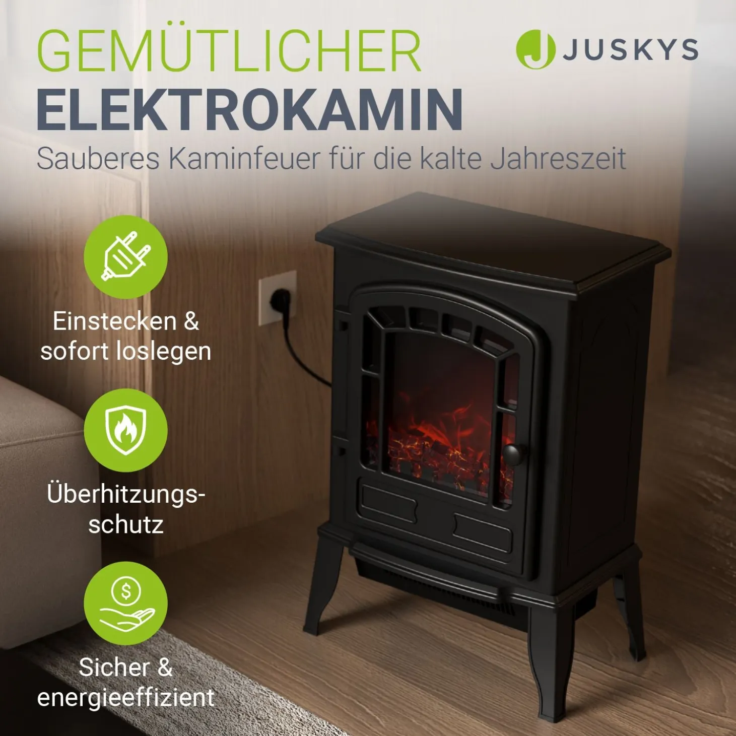 Elektrokamin 2000W mit Flammeneffekt Elektrischer Kaminofen für ein beheiztes Wohnzimmer