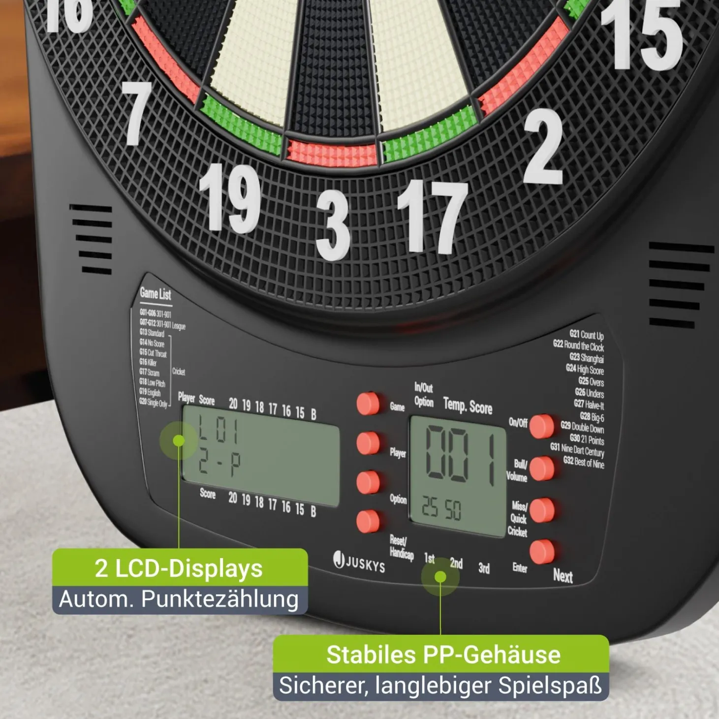 Elektronische Dartscheibe E-Dartscheibe mit LCD-Display, USB-C-Anschluss und 18 Pfeilen