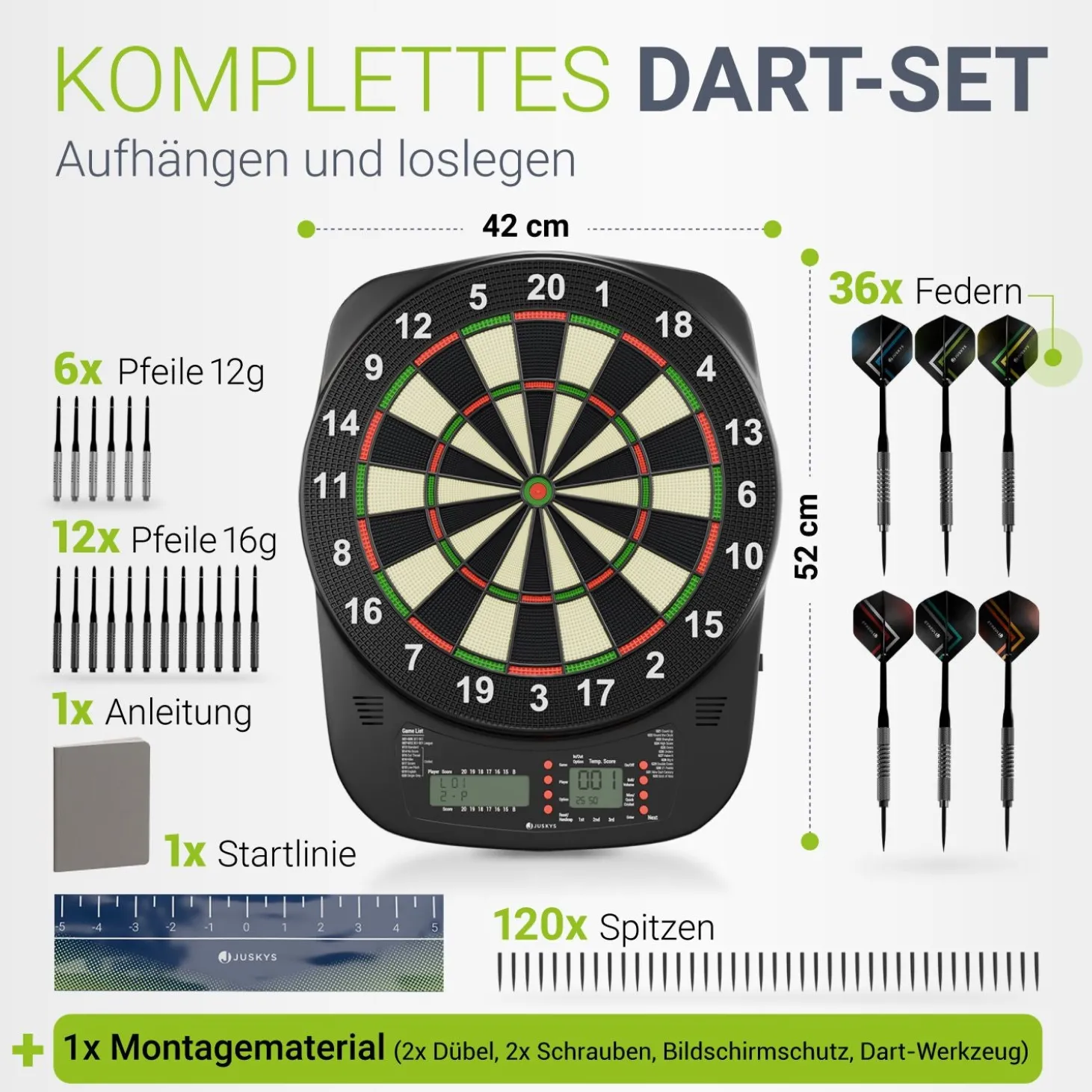 Elektronische Dartscheibe E-Dartscheibe mit LCD-Display, USB-C-Anschluss und 18 Pfeilen