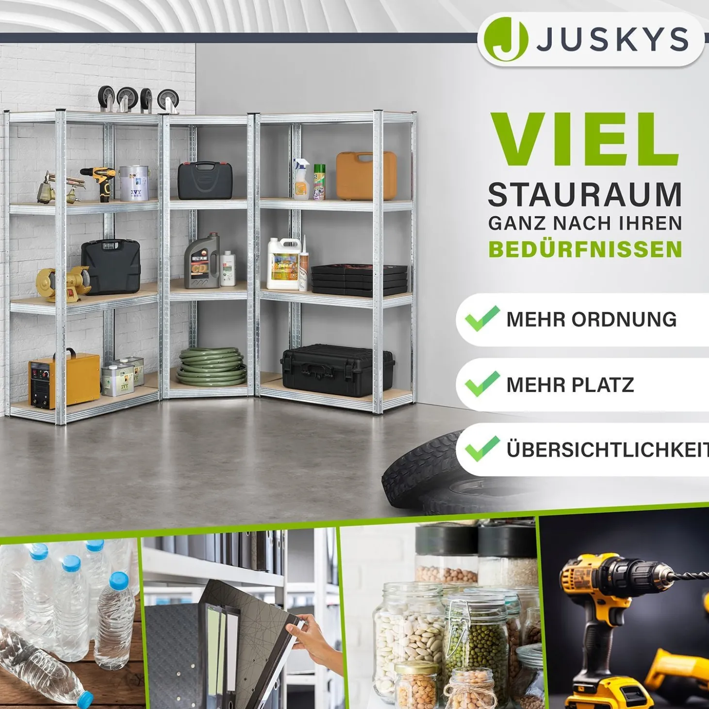 3er Regalsystem 1 Corner & 2 Easy mit 1 Eckregal, 2 Lagerregalen und 12 Einlegeböden