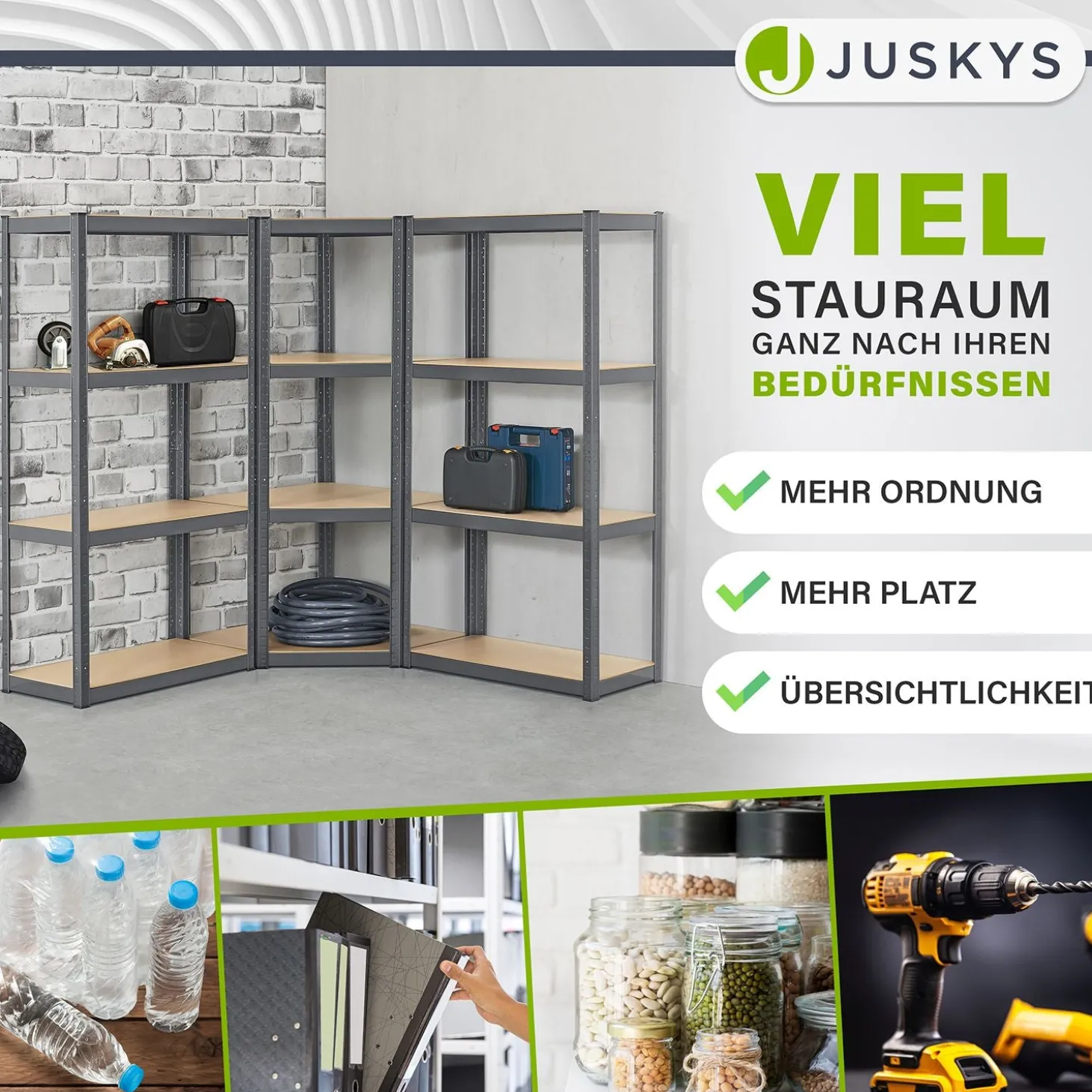 3er Regalsystem 1 Corner & 2 Easy mit 1 Eckregal, 2 Lagerregalen und 12 Einlegeböden