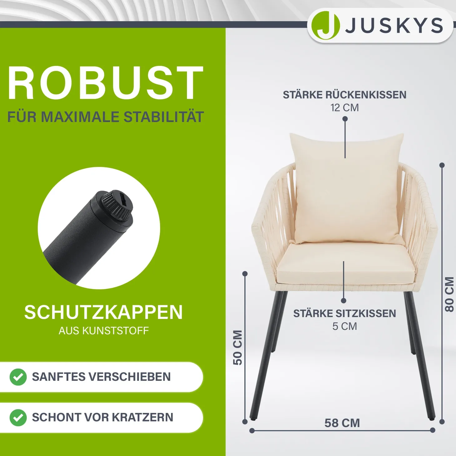 2er-Set Rope Stühle Gartenstühle mit Seilgeflecht – Inkl. Sitz- und Rückenkissen