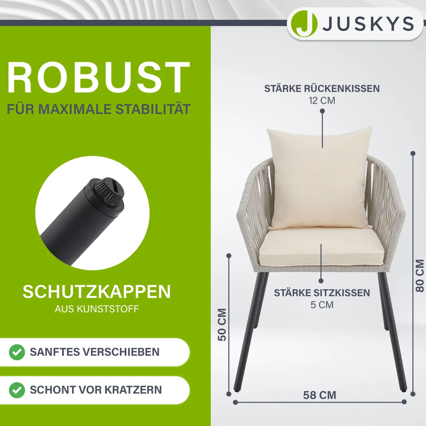 2er-Set Rope Stühle Gartenstühle mit Seilgeflecht – Inkl. Sitz- und Rückenkissen