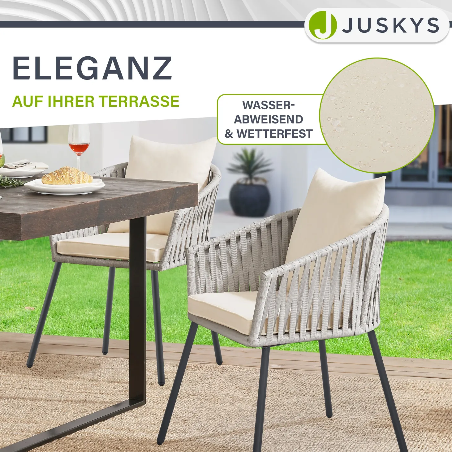 2er-Set Rope Stühle Gartenstühle mit Seilgeflecht – Inkl. Sitz- und Rückenkissen