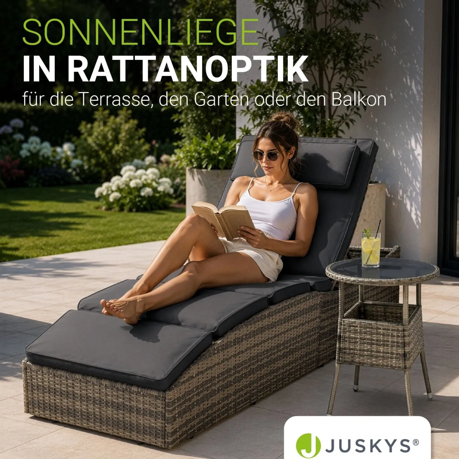 Faltbare Polyrattan Sonnenliege Lamia Maximale Entspannung auf der Gartenliege mit Auflage