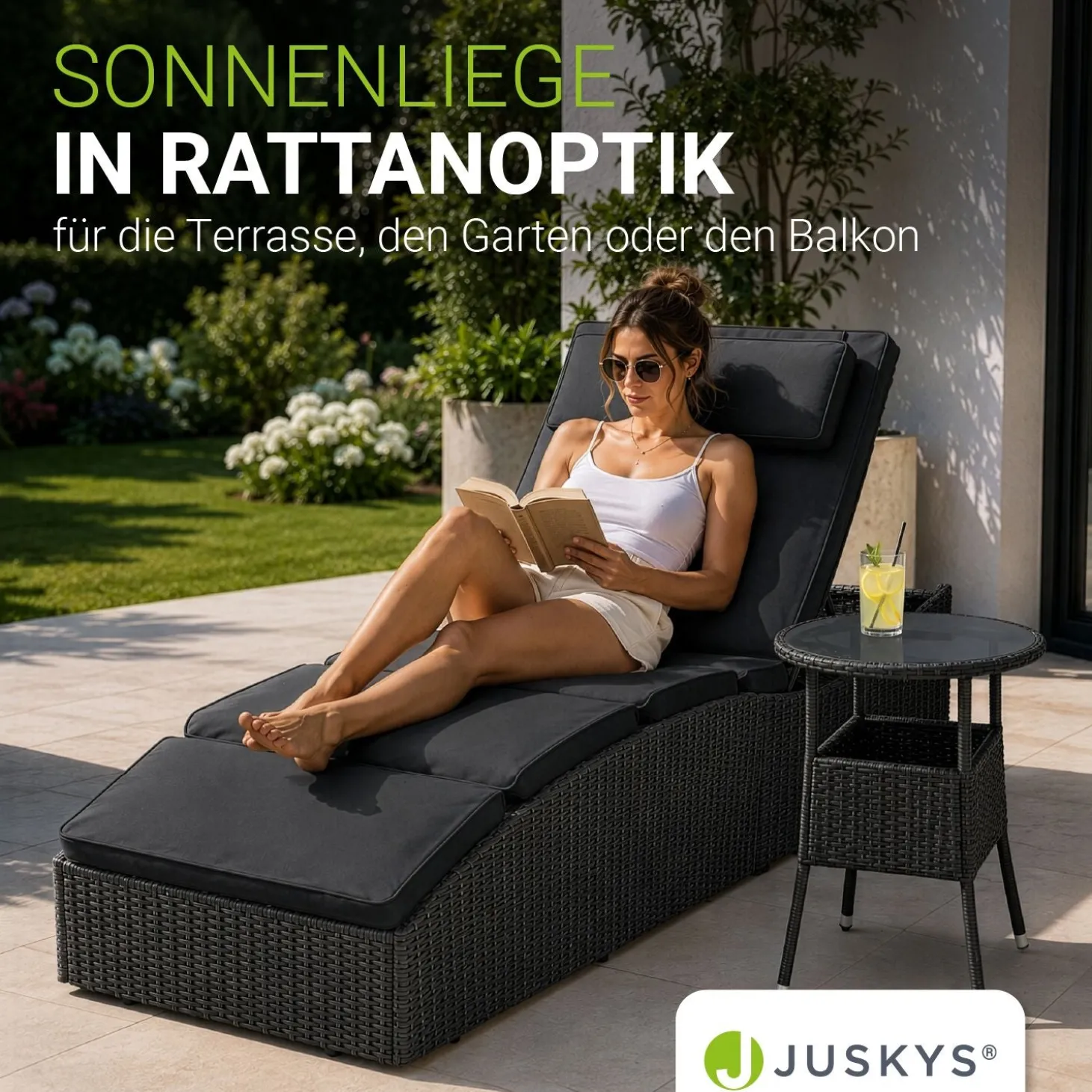 Faltbare Polyrattan Sonnenliege Lamia Maximale Entspannung auf der Gartenliege mit Auflage