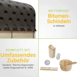 Fasssauna quadratisch Nolvik Saunafass mit Saunaofen und Zubehör-Set für den Garten
