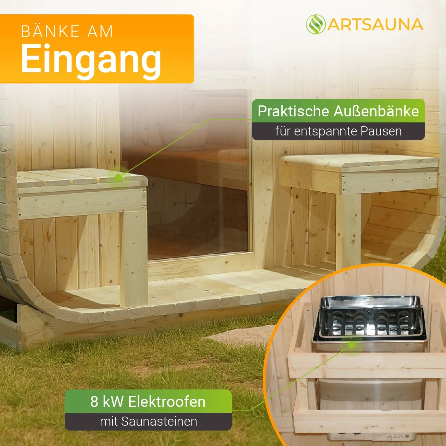 Fasssauna quadratisch Nolvik Saunafass mit Saunaofen und Zubehör-Set für den Garten