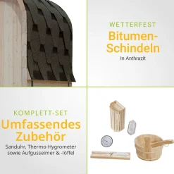 Fasssauna quadratisch Nolvik Saunafass mit Saunaofen und Zubehör-Set für den Garten