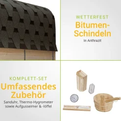 Fasssauna quadratisch Nolvik Saunafass mit Saunaofen und Zubehör-Set für den Garten