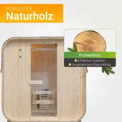 Fasssauna quadratisch Nolvik Saunafass mit Saunaofen und Zubehör-Set für den Garten