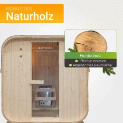Fasssauna quadratisch Nolvik Saunafass mit Saunaofen und Zubehör-Set für den Garten
