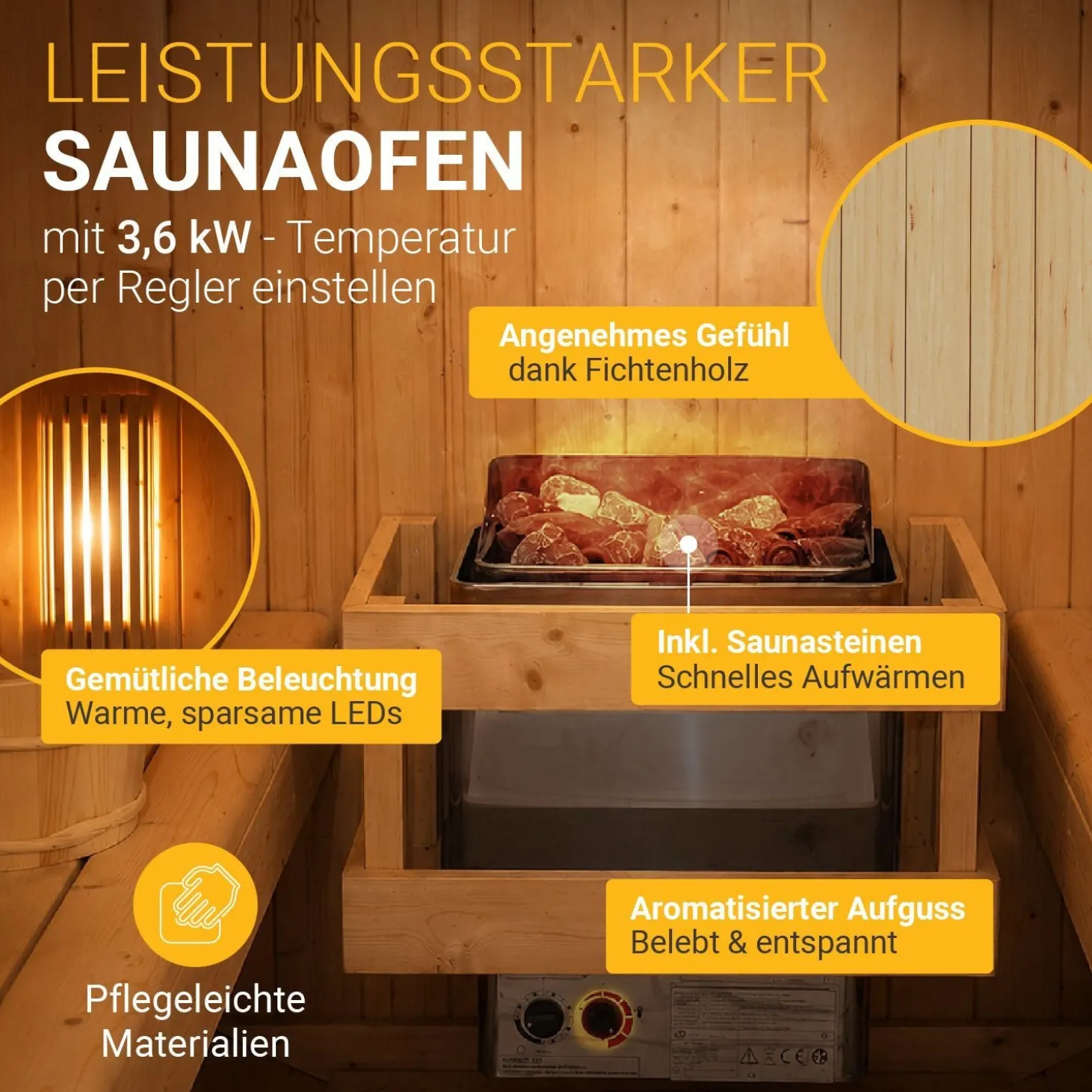 Fasssauna Spitzbergen mit Saunaofen Für 2 - 6 Personen | Ø 190 cm | 3,6 - 8 kW Saunaofen