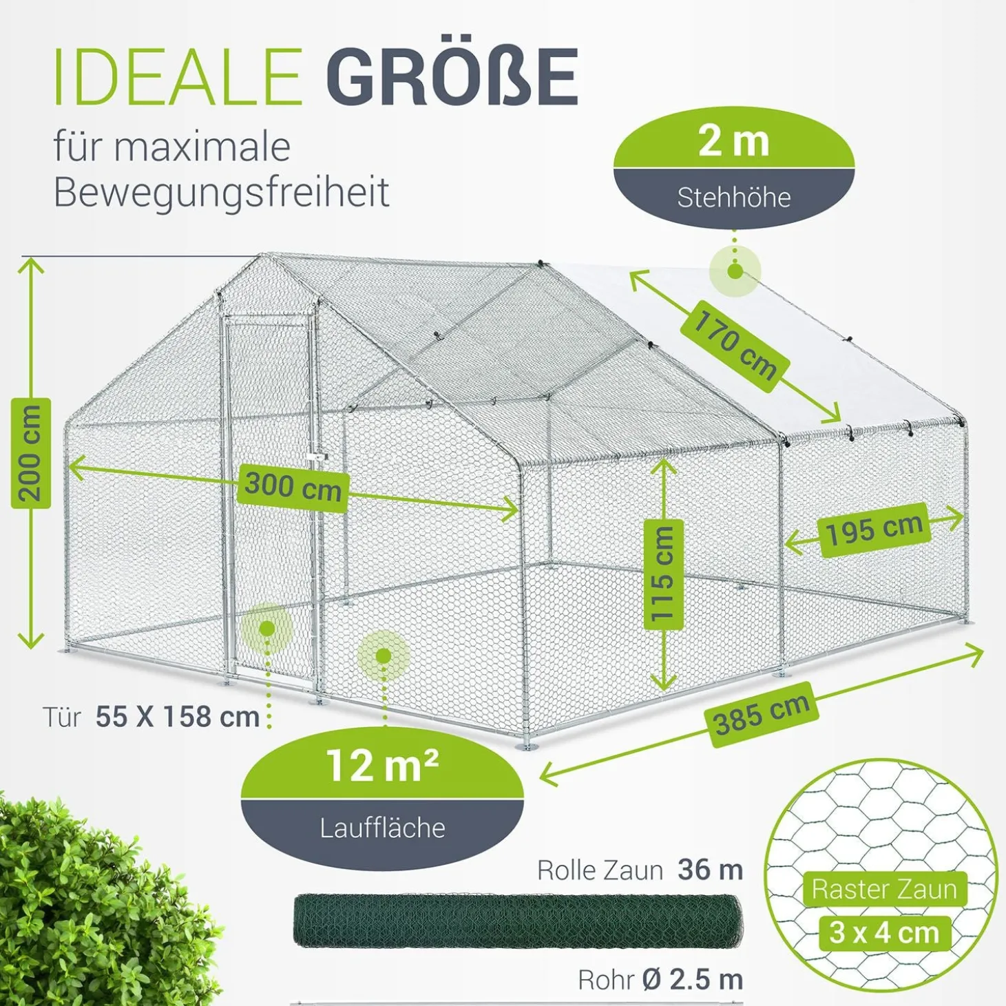 Freilaufgehege HLS25T für Hühner Outdoor Hühnerstall mit Tür, Plane & verzinktem Draht