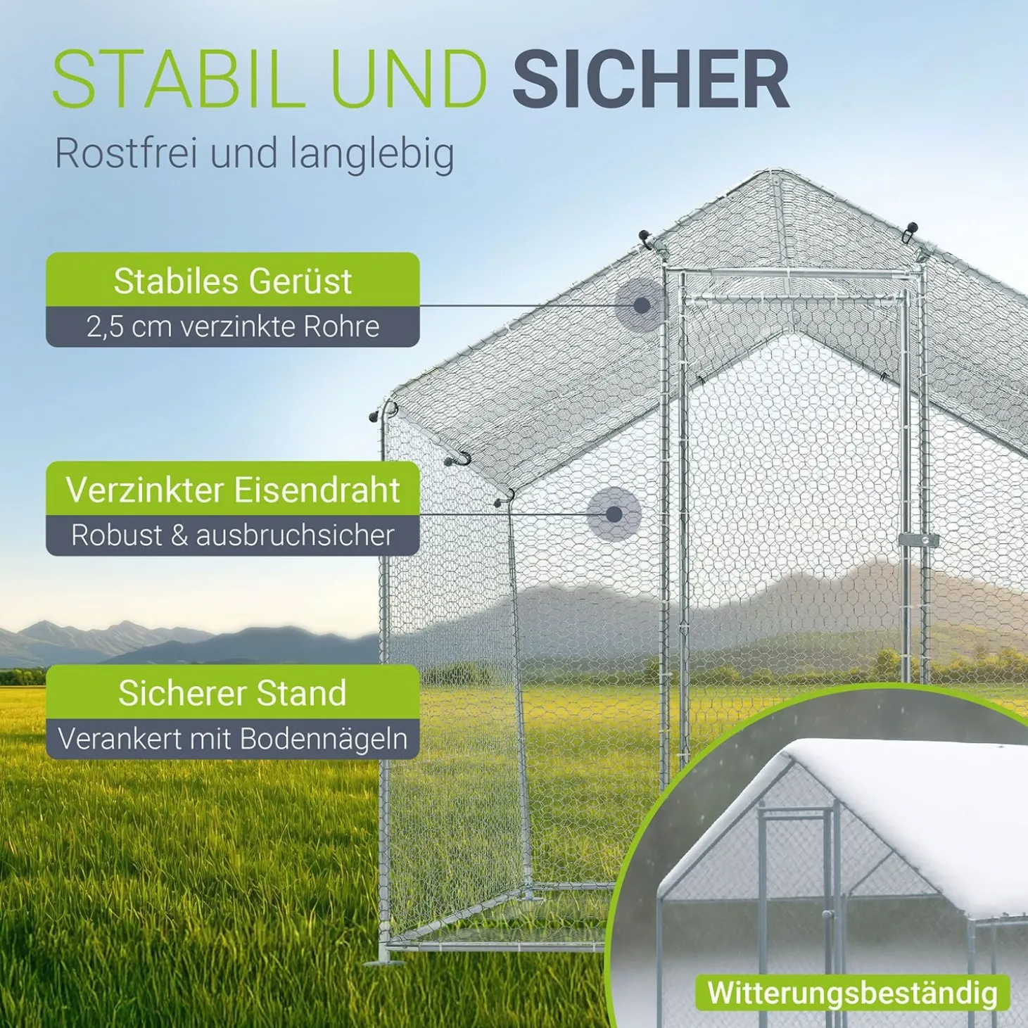 Freilaufgehege HLS25T für Hühner Outdoor Hühnerstall mit Tür, Plane & verzinktem Draht