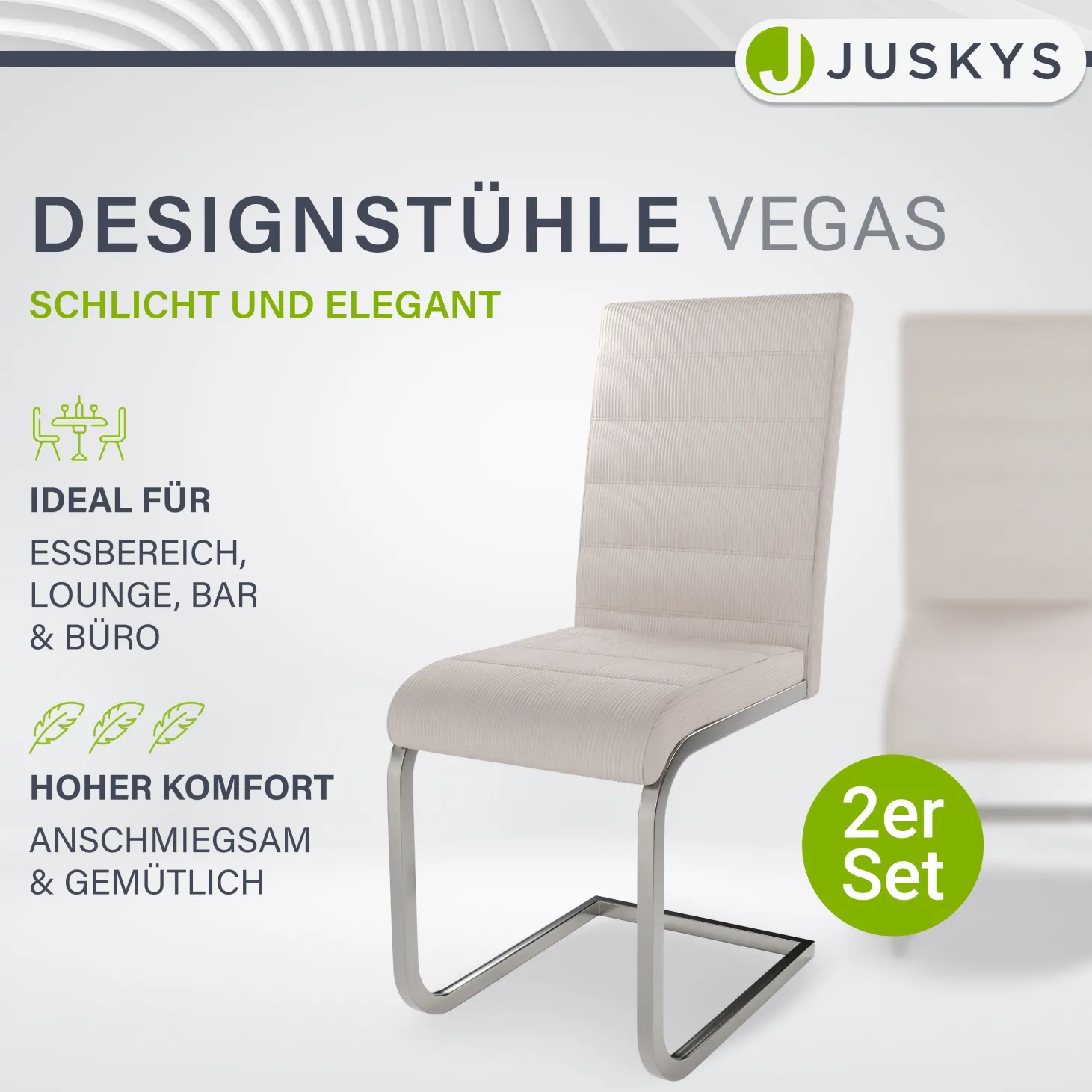 Freischwinger Stuhl Vegas mit Cord Moderner Esszimmerstuhl mit Metall-Gestell im Set