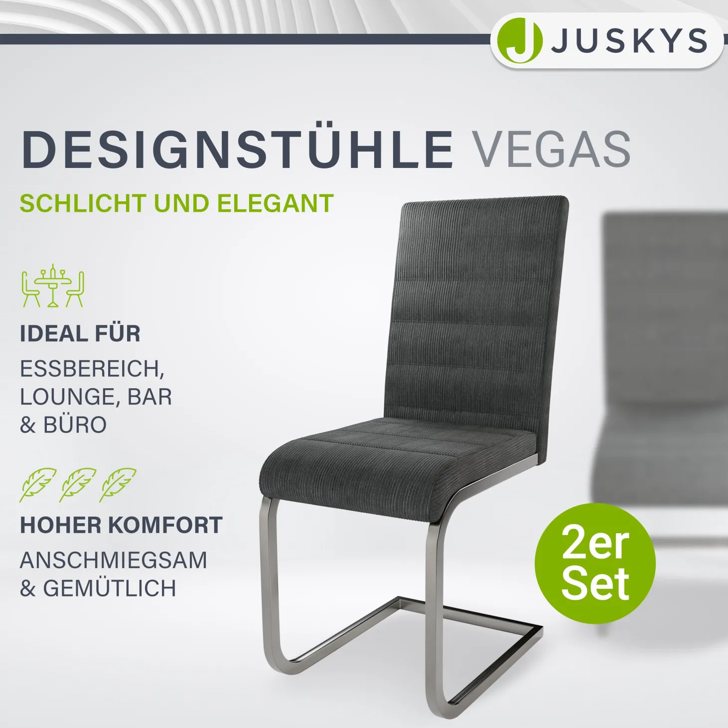 Freischwinger Stuhl Vegas mit Cord Moderner Esszimmerstuhl mit Metall-Gestell im Set