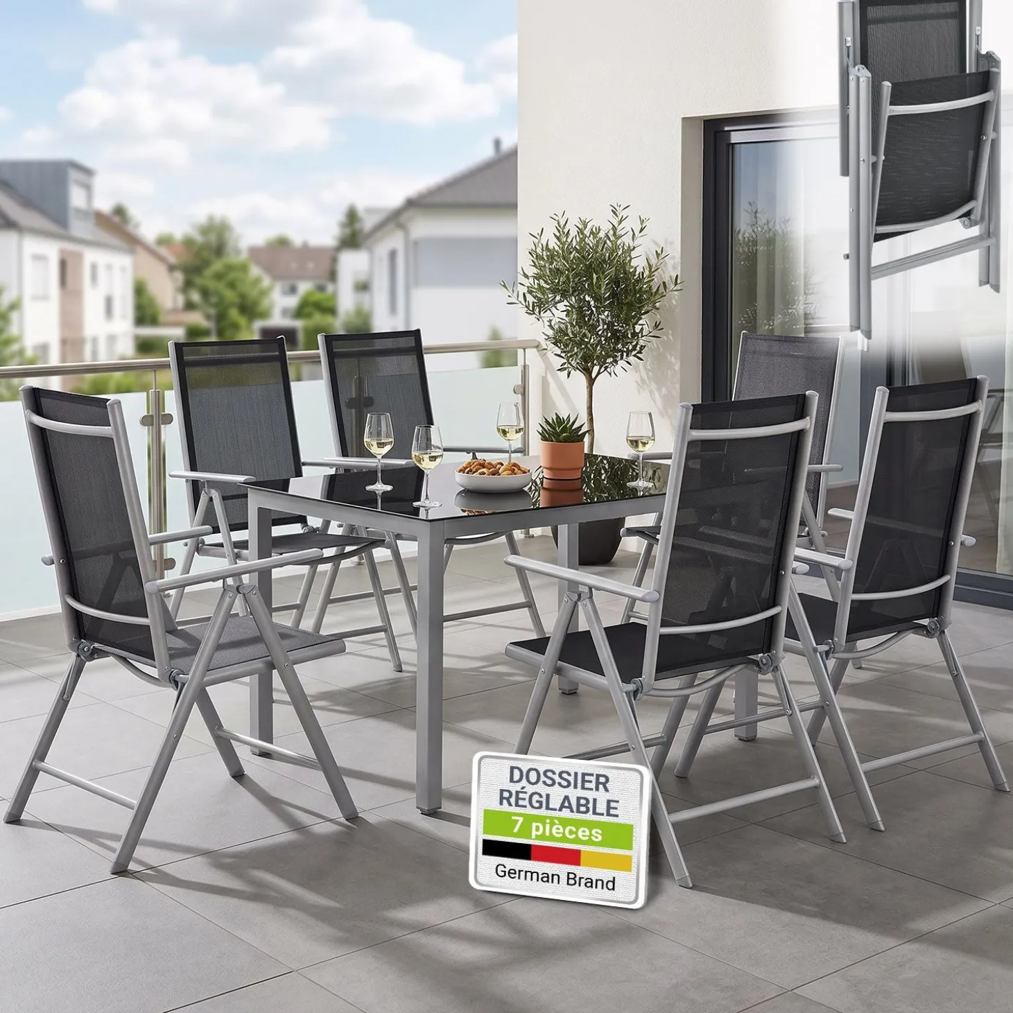 Gartengarnitur Milano Gartenset 7-teilig; Tischplatte aus Sicherheitsglas