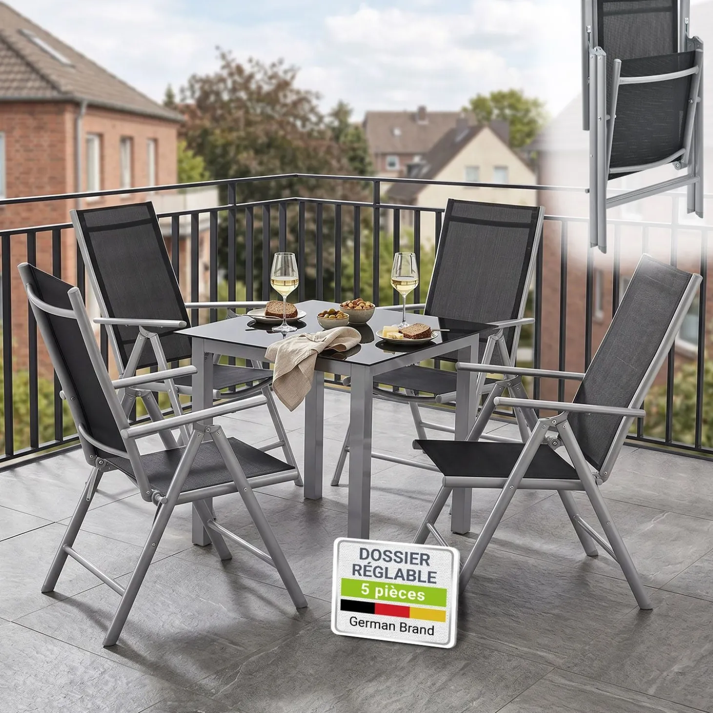 Gartengarnitur Milano Gartenset 7-teilig; Tischplatte aus Sicherheitsglas