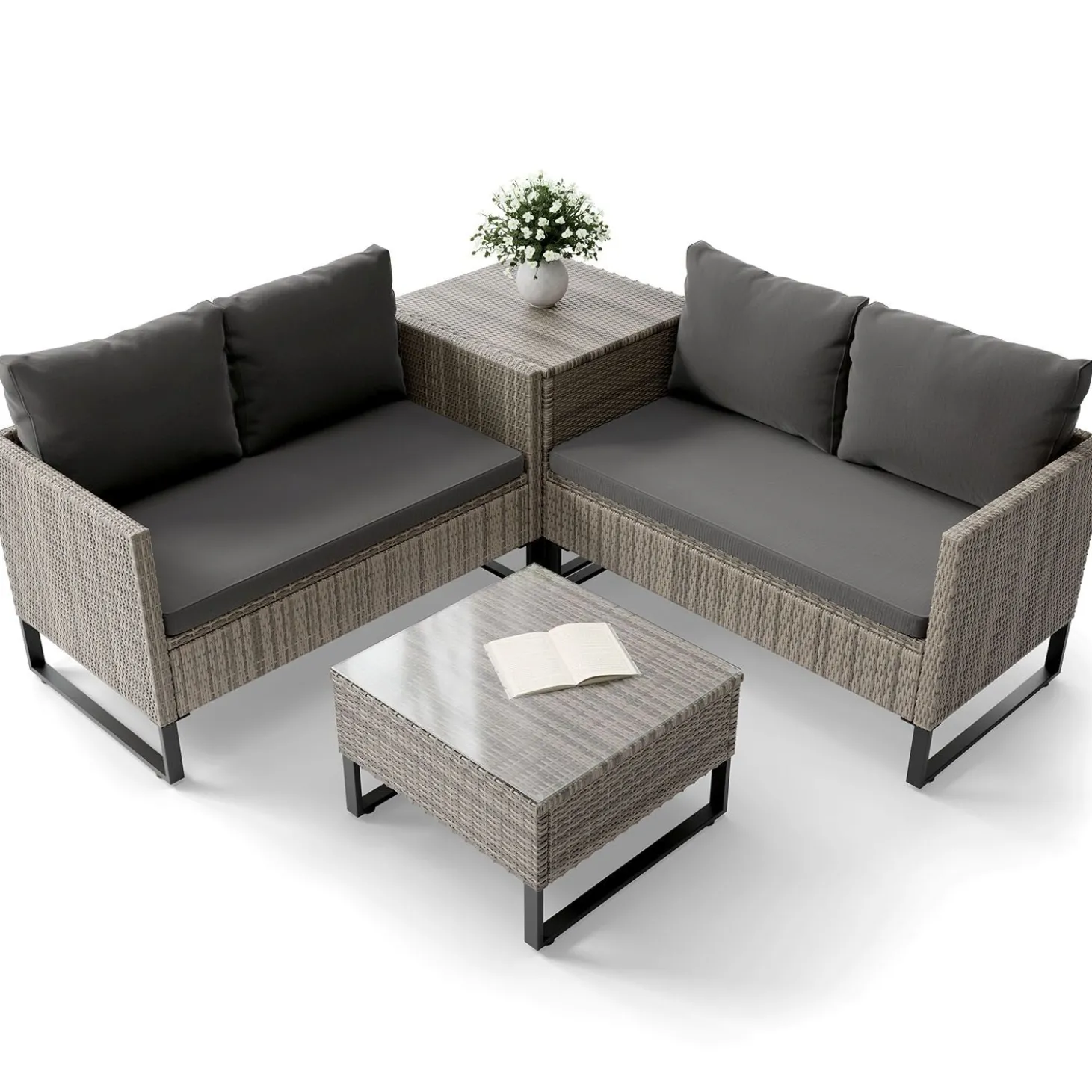Gartenlounge für 4 Personen Santorini Modulare Polsterlounge aus Polyrattan inkl. Kissenbox