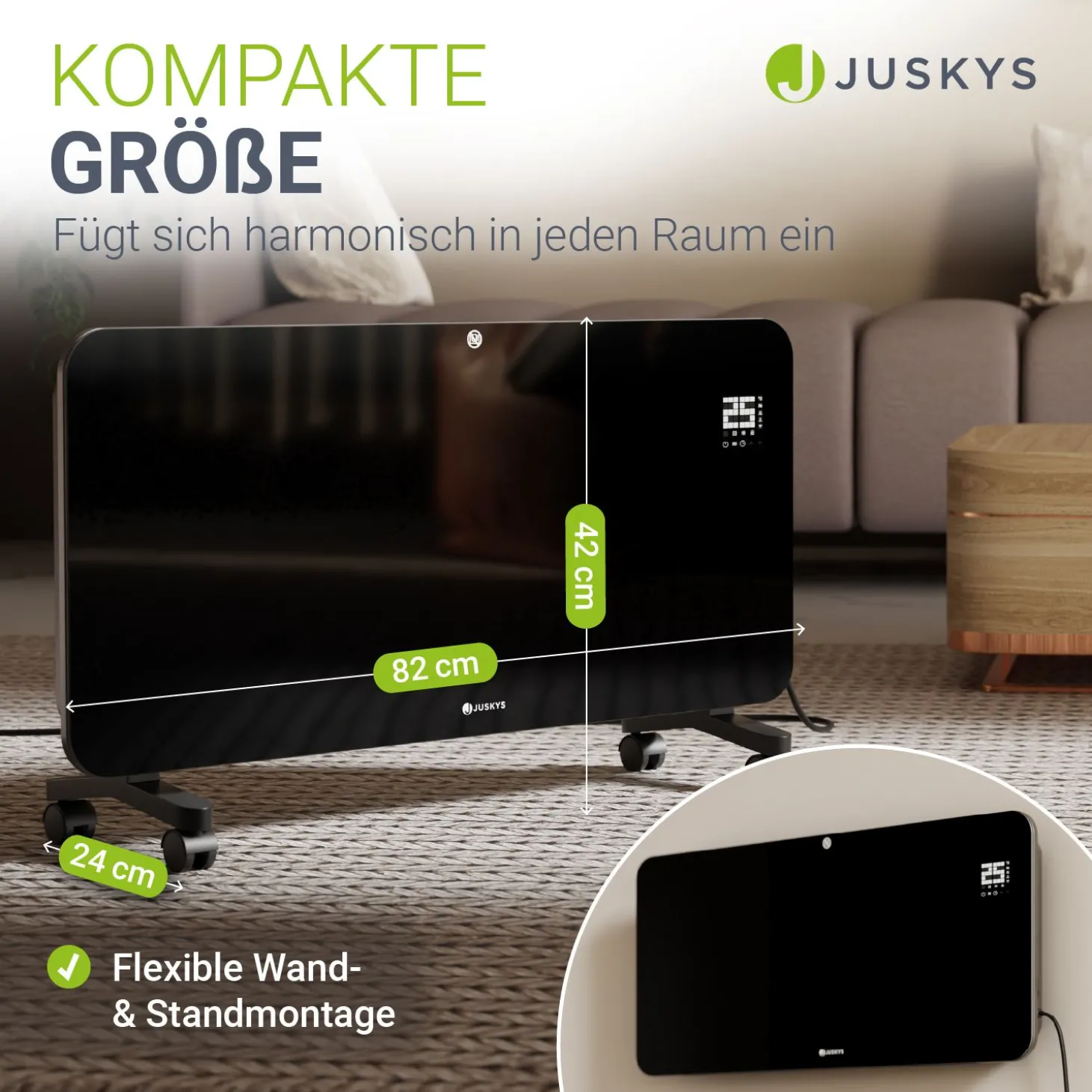 Glaskonvektor mit bis zu 2000 W Glasheizung in schwarz für Wand- & Bodenmontage