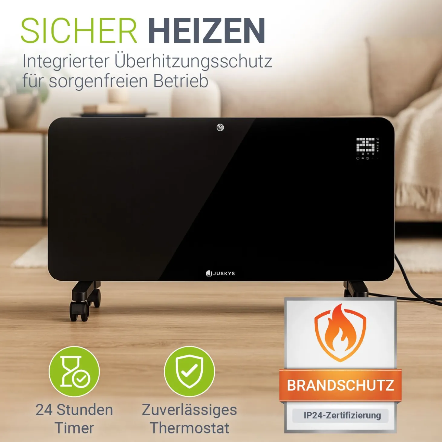 Glaskonvektor mit bis zu 2000 W Glasheizung in schwarz für Wand- & Bodenmontage