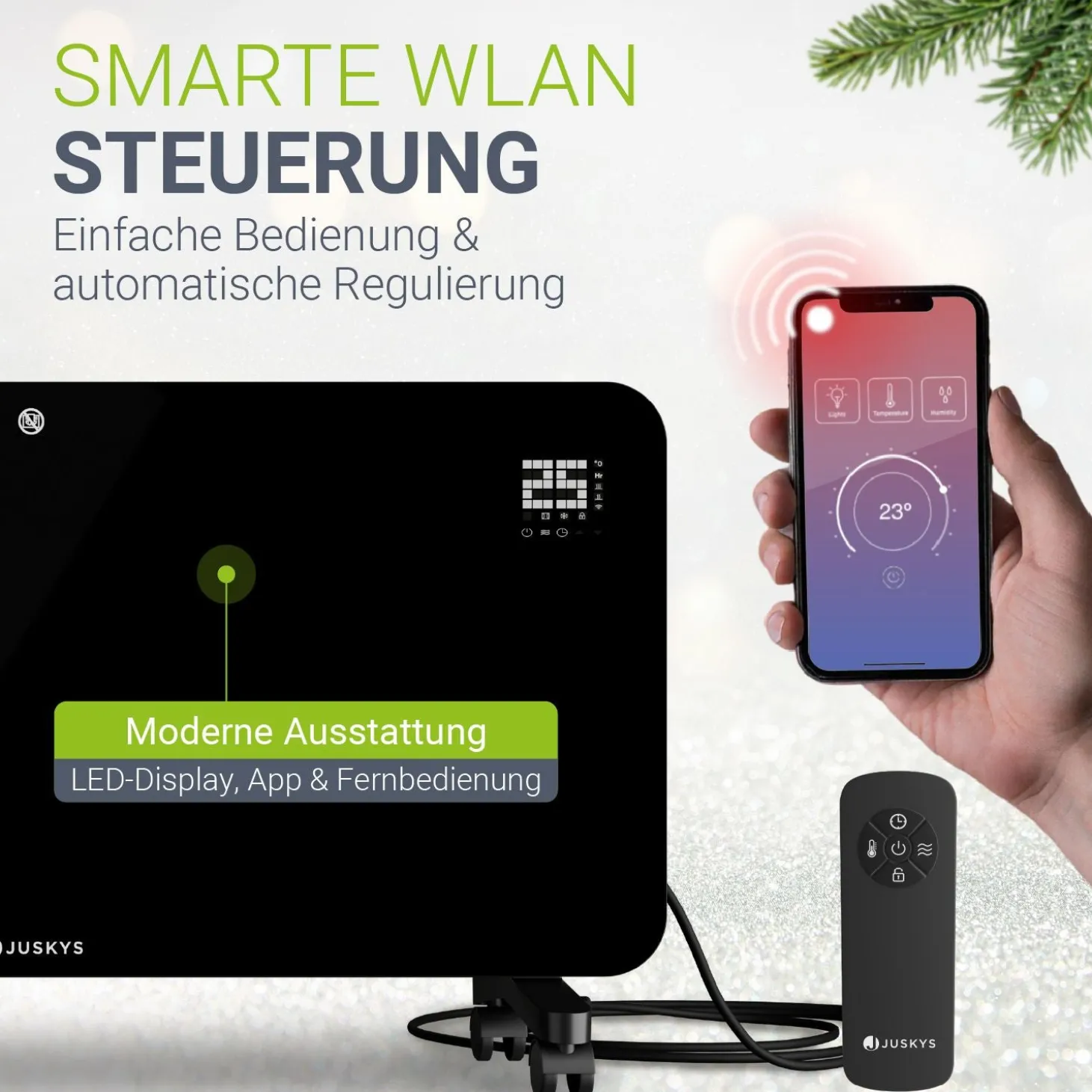 Glaskonvektor mit bis zu 2000 W Glasheizung in schwarz für Wand- & Bodenmontage
