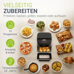 Heißluftfritteuse 12L mit 10 Programmen Airfryer für schnelles Kochen in Schwarz mit Display & Zubehör