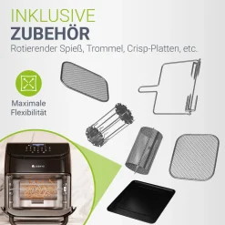 Heißluftfritteuse 12L mit 10 Programmen Airfryer für schnelles Kochen in Schwarz mit Display & Zubehör