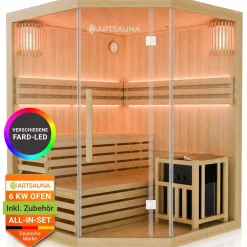 Indoor Sauna Espoo 150 Premium ↔ 150x150cm ↕ 200cm ⚟ 6 kW Saunaofen 유 3 Personen