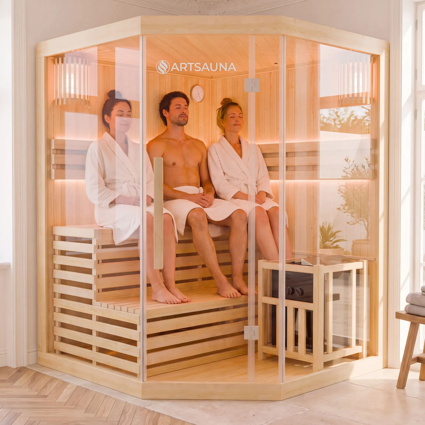 Indoor Sauna Espoo 150 Premium ↔ 150x150cm ↕ 200cm ⚟ 6 kW Saunaofen 유 3 Personen