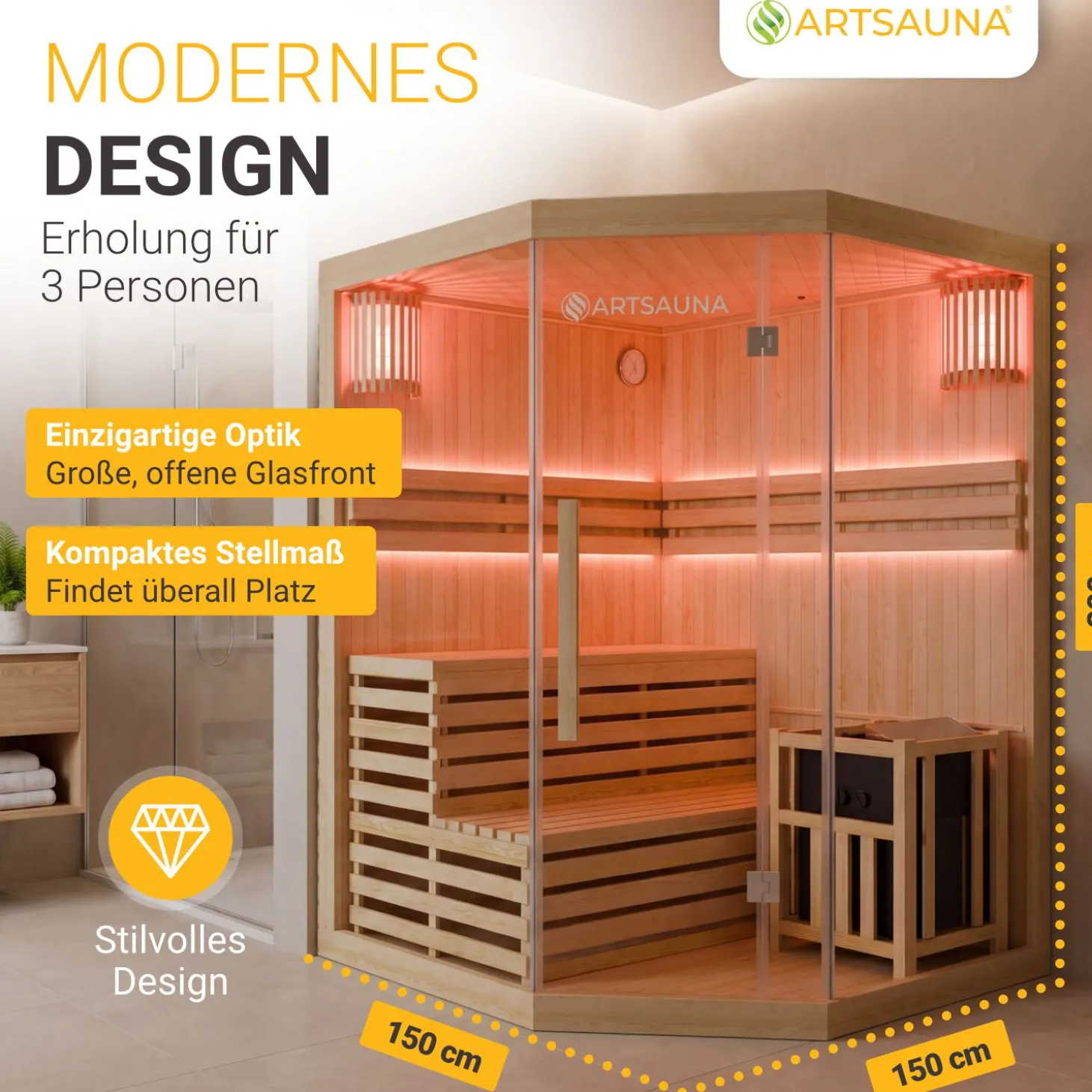 Indoor Sauna Espoo 150 Premium ↔ 150x150cm ↕ 200cm ⚟ 6 kW Saunaofen 유 3 Personen