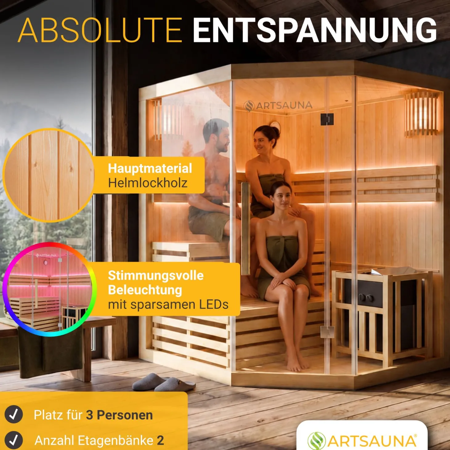 Indoor Sauna Espoo 150 Premium ↔ 150x150cm ↕ 200cm ⚟ 6 kW Saunaofen 유 3 Personen