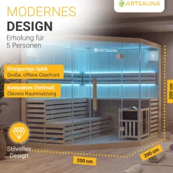 Indoor Sauna Espoo 200 Premium ↔ 200x200cm ↕ 200cm ⚟ 8 kW Saunaofen 유 5 Personen